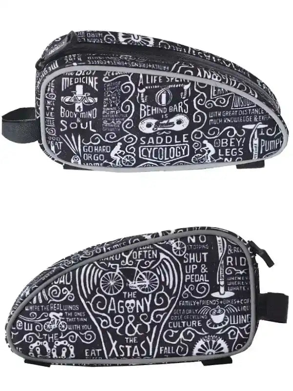 Black and white cycling saddle bag with bike-themed graphics and motivational phrases for riders