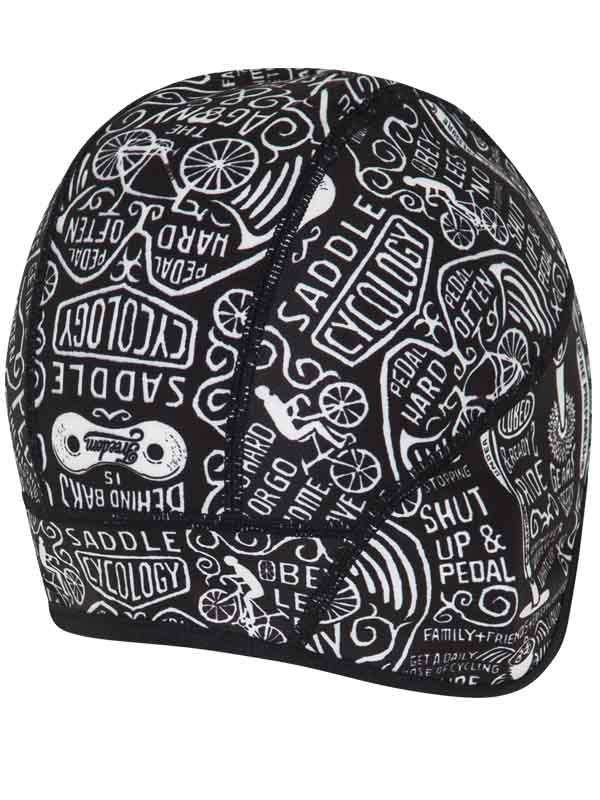 Black cycling cap with white bike-themed graphics and text, ideal for cyclists