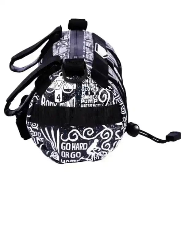Black and white cycling gear drawstring bag with motivational text and bike graphics
