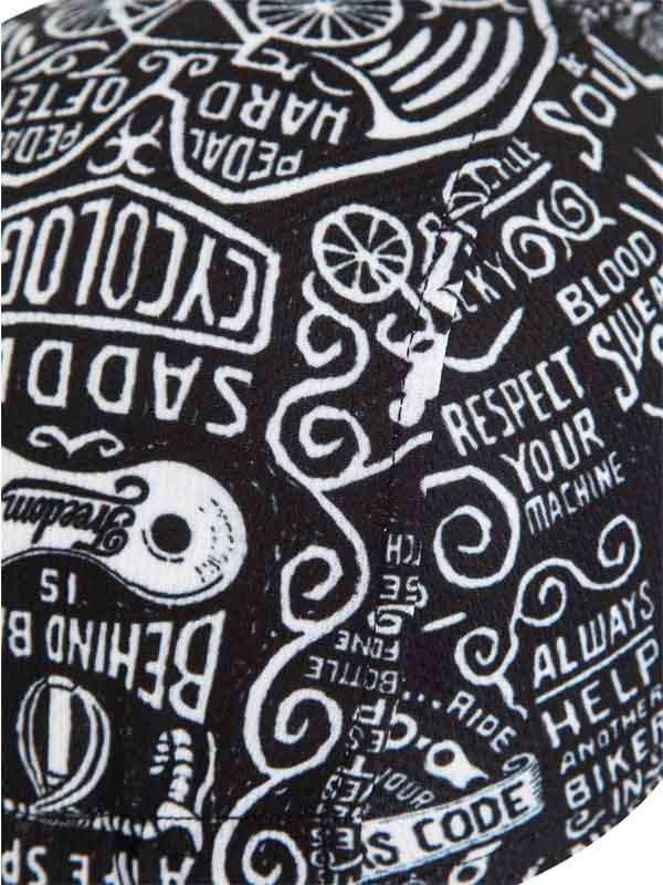 Black cycling apparel with white graphic text and designs, featuring phrases like 'Respect Your Machine'