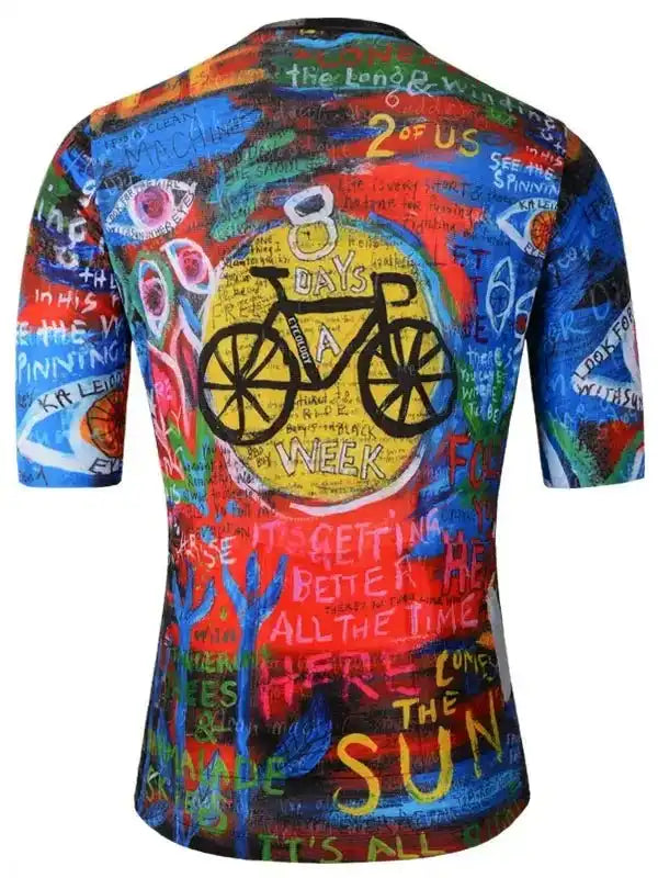Colorful cycling jersey with bike graphic and bold text design for men's or women's rides