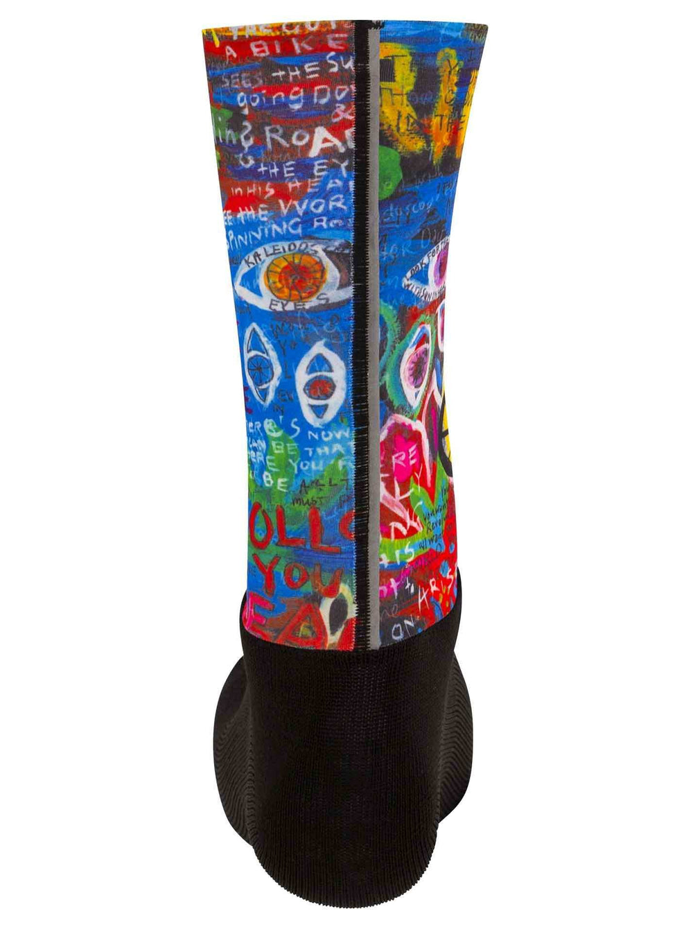 Colorful cycling socks with graffiti-style art, bold text, and reflective stripe for visibility