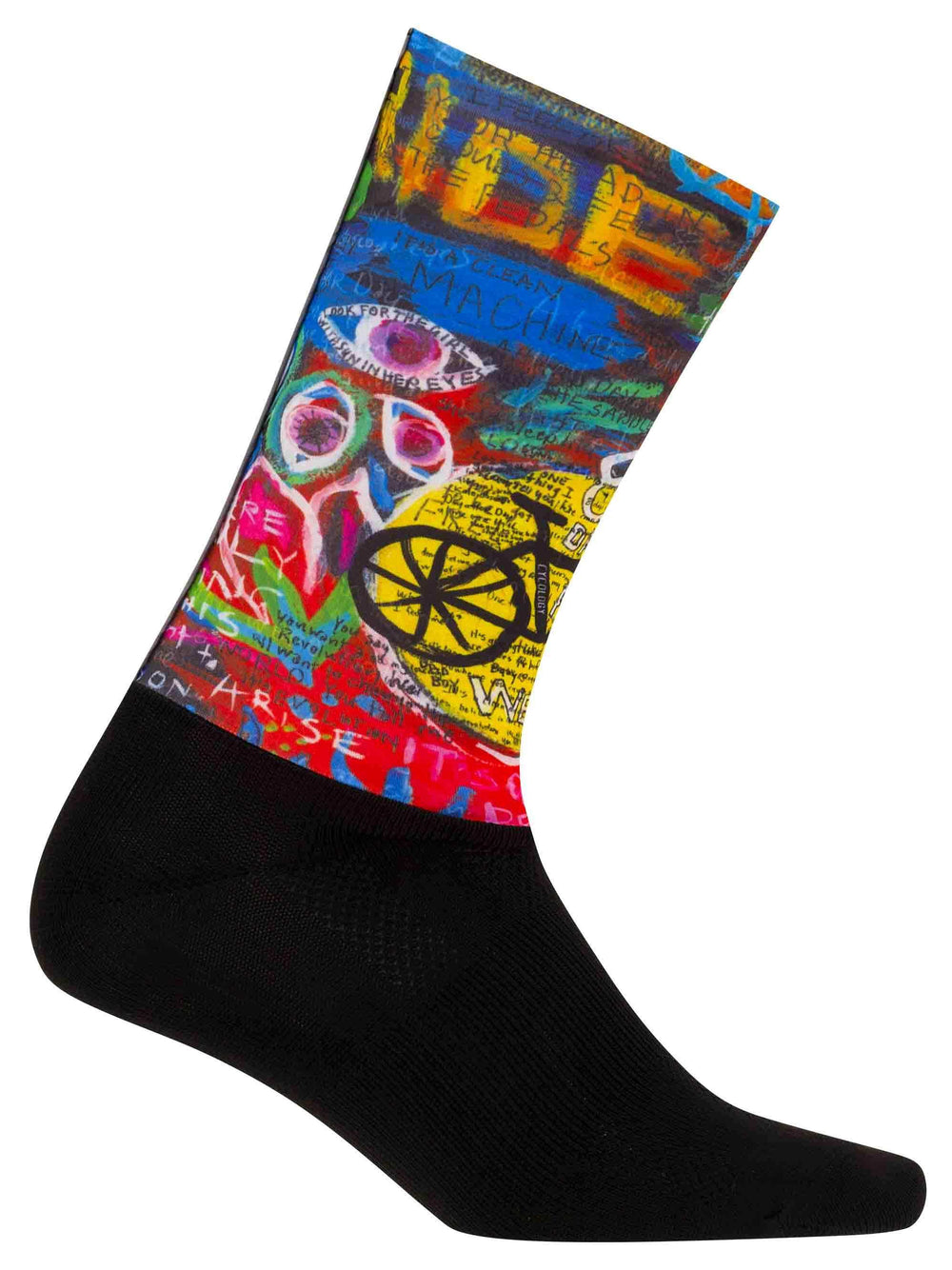 Colorful cycling sock with bike graphic and bold text design, black foot, vibrant graffiti-style print
