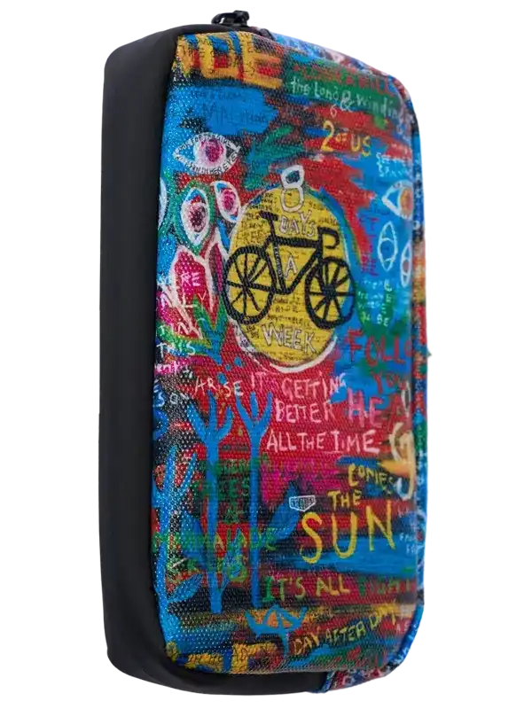 Colorful graffiti-style cycling accessory bag with bike graphic and motivational phrases