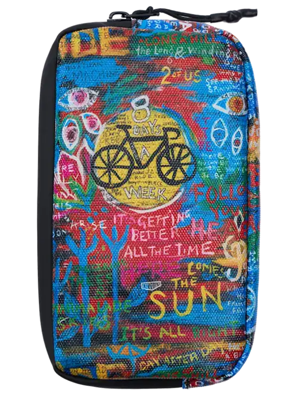 Colorful cycling-themed pouch with bike graphic and motivational phrases, perfect for bike accessories.