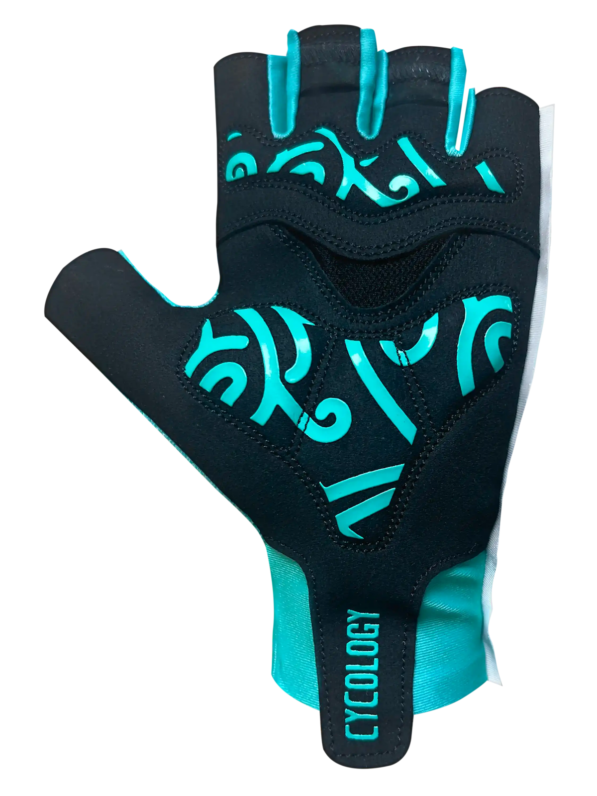Cycology Aqua Aero cycling gloves in black and teal with unique patterns.