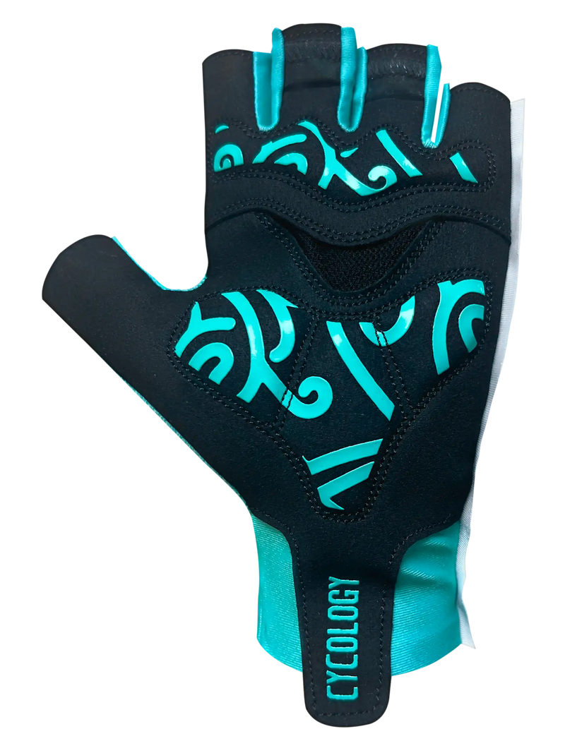 Cycology Aqua Aero cycling gloves in black and teal with unique patterns.