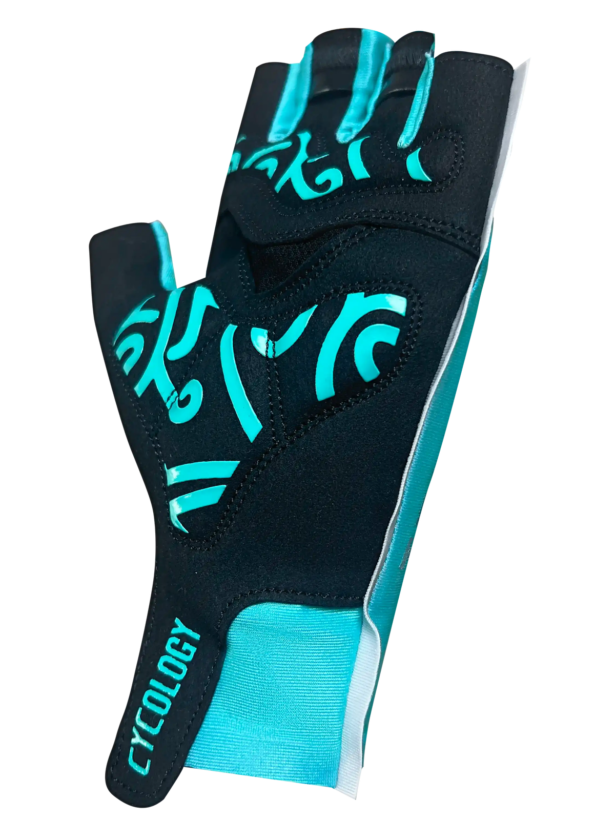 Cycology Aqua Aero cycling gloves in black and teal with swirl patterns