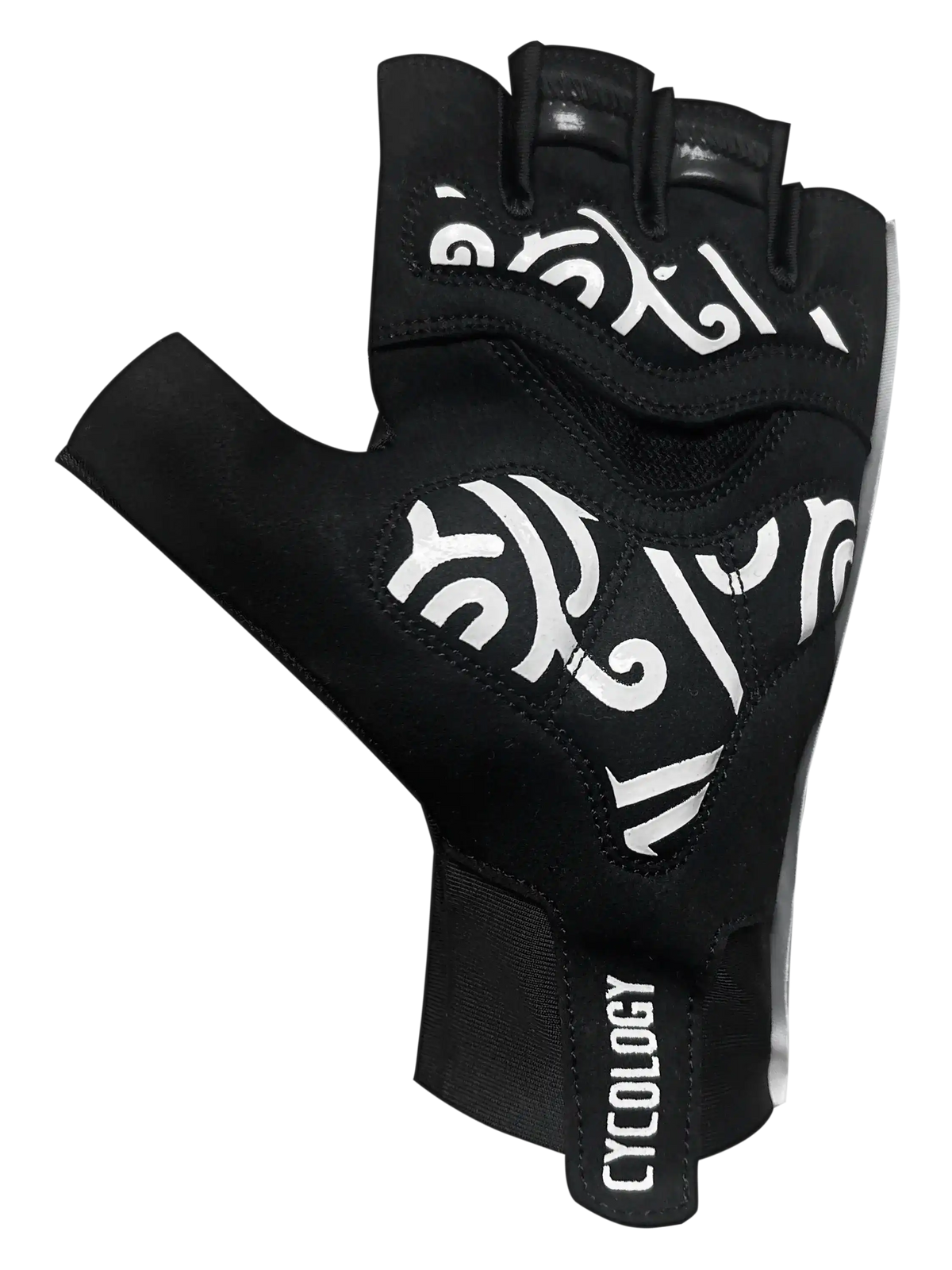 Black aero cycling gloves with white tribal pattern by Cycology Clothing