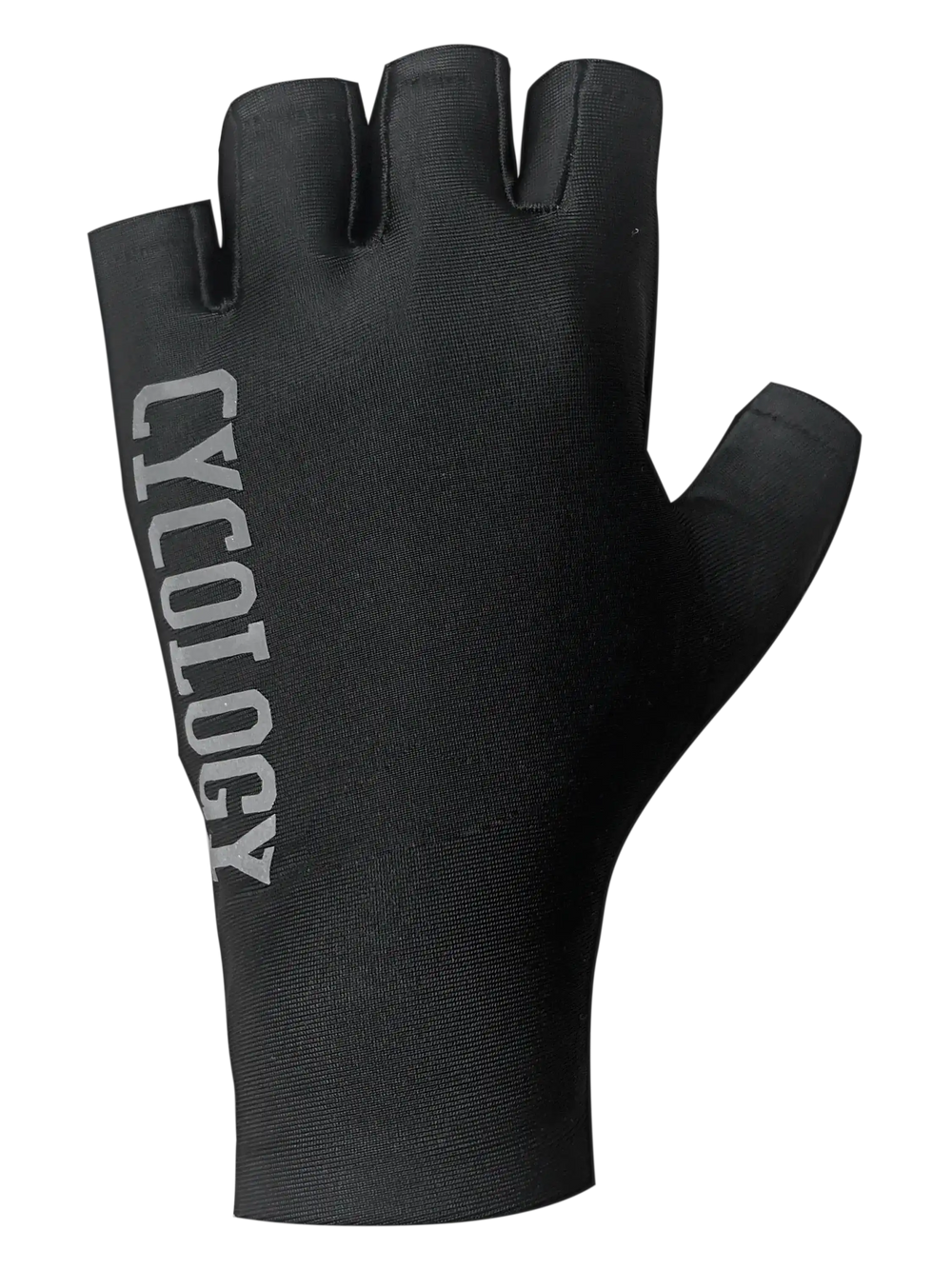 Black Cycology aero cycling fingerless gloves with silver logo on back of hand.