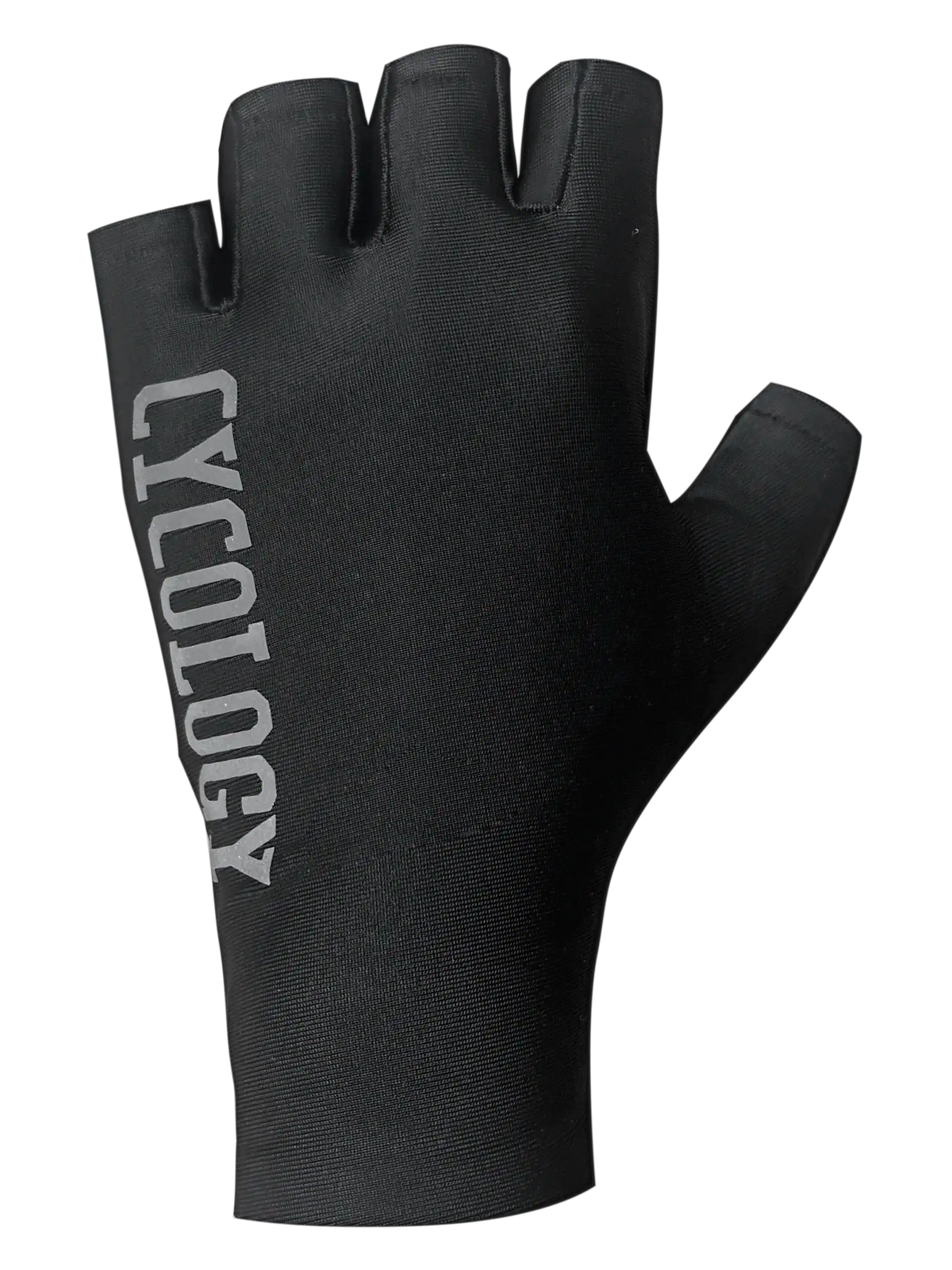 Black Cycology aero cycling fingerless gloves with silver logo on back of hand.