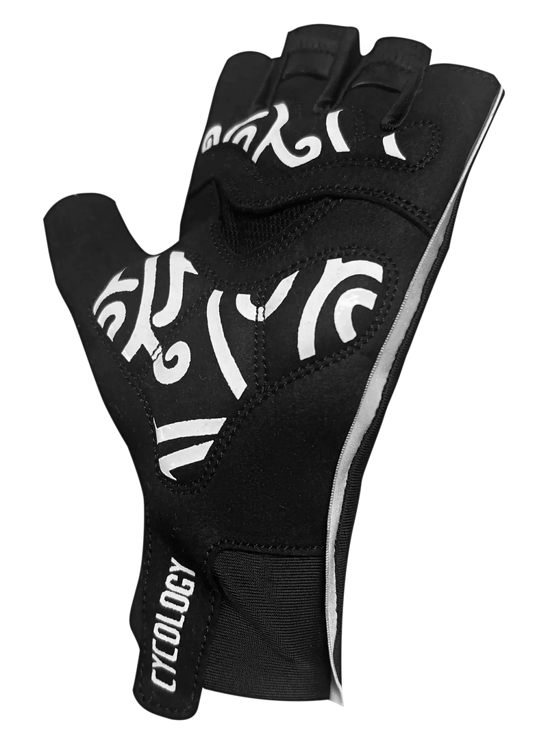 Black Cycology aero cycling gloves with white graphic patterns