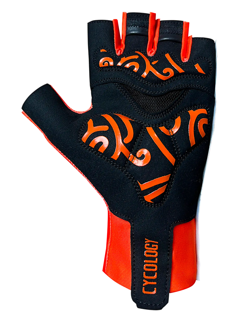 Cycology orange and black aero cycling gloves with unique graphic patterns.