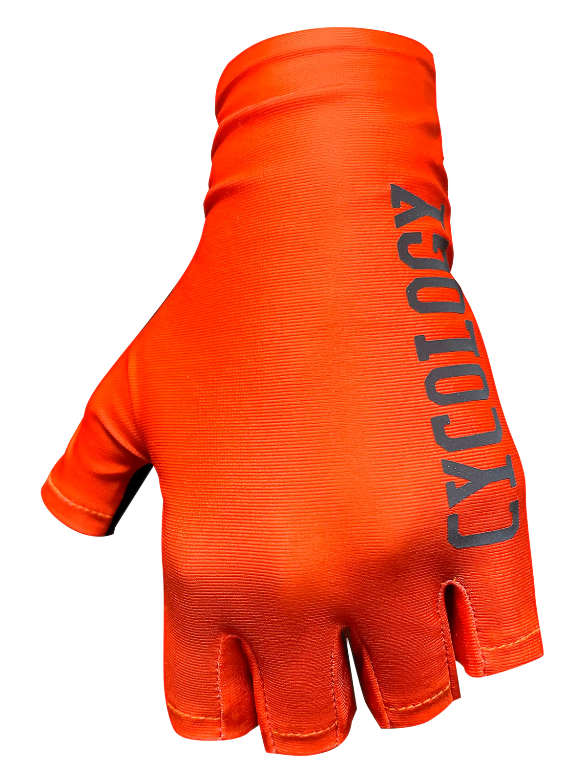 Orange Aero cycling gloves with Cycology branding on a white background.