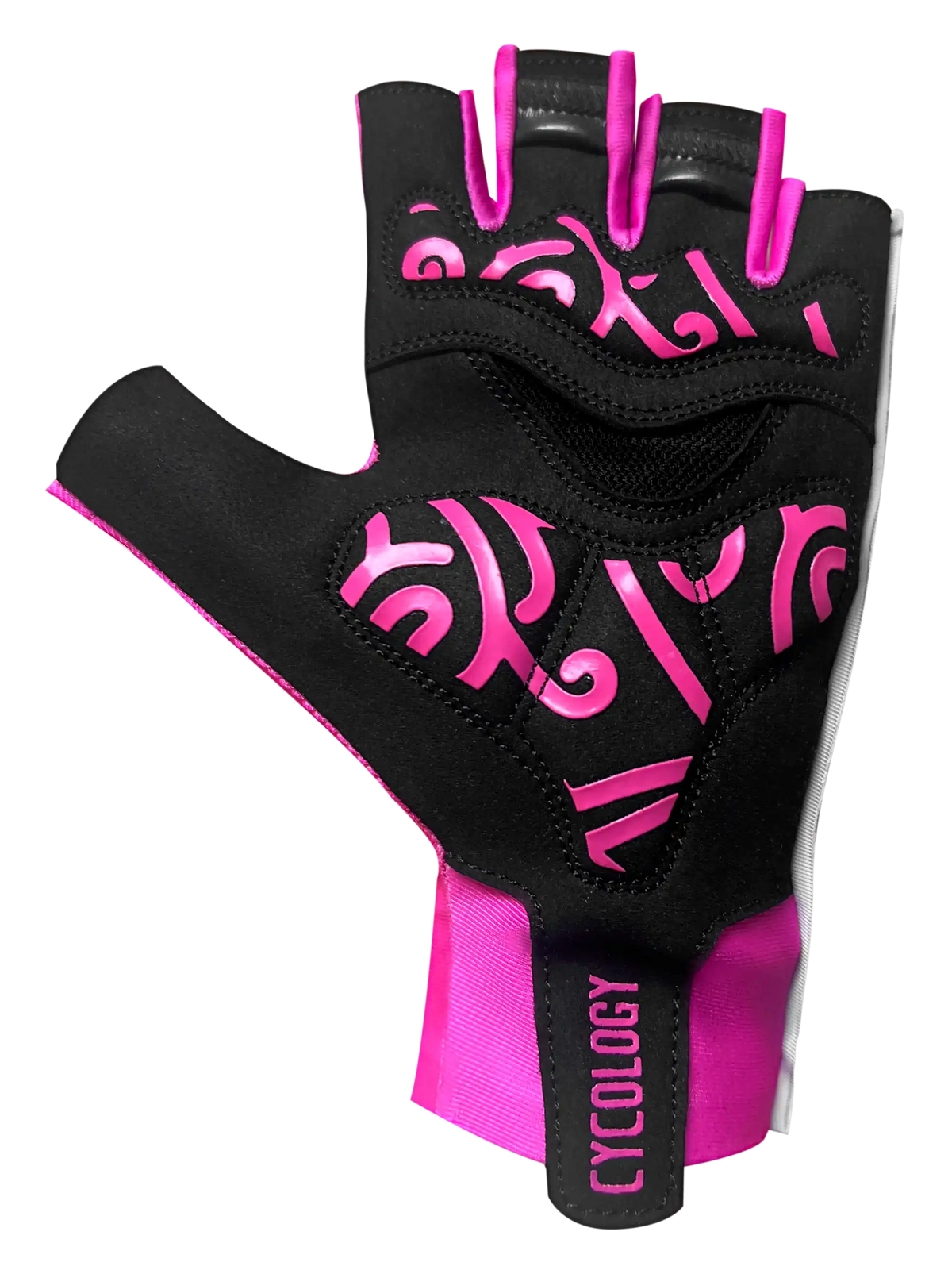 Cycology Pink Aero cycling gloves with black patterned design and fingerless grip.