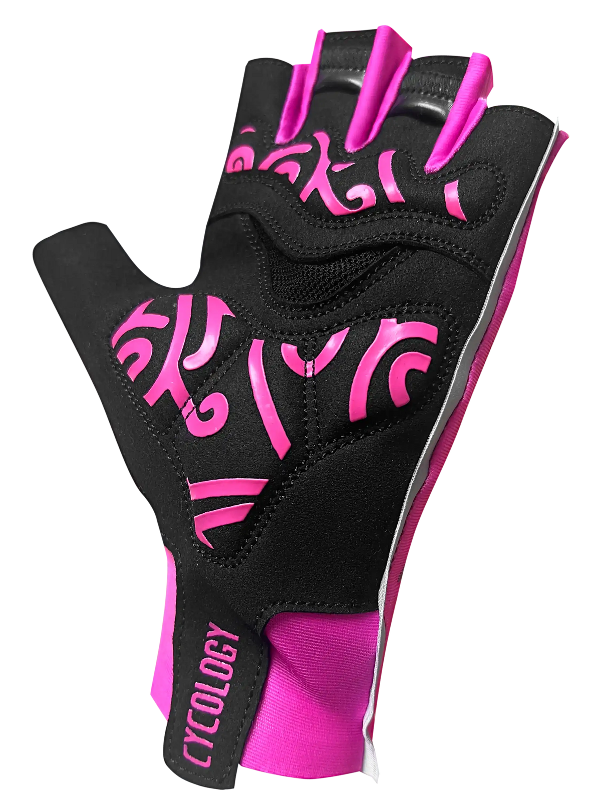 Cycology Pink Aero cycling gloves with black and pink swirl patterns.