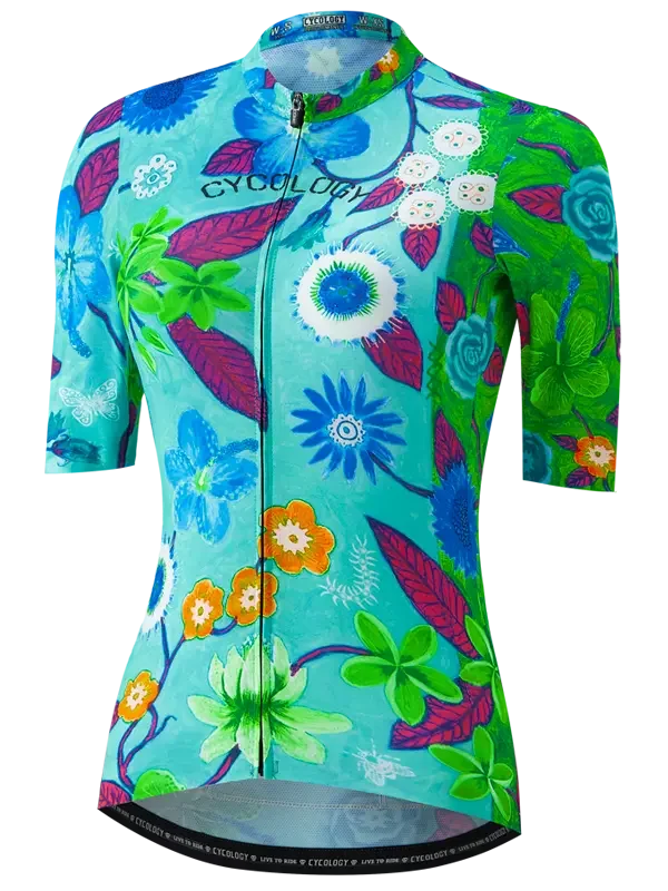 Women's floral cycling jersey with vibrant blue, green, and orange print, full zip front, short sleeves