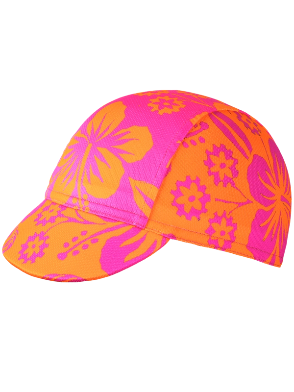 Neon pink and orange cycling cap with floral pattern 