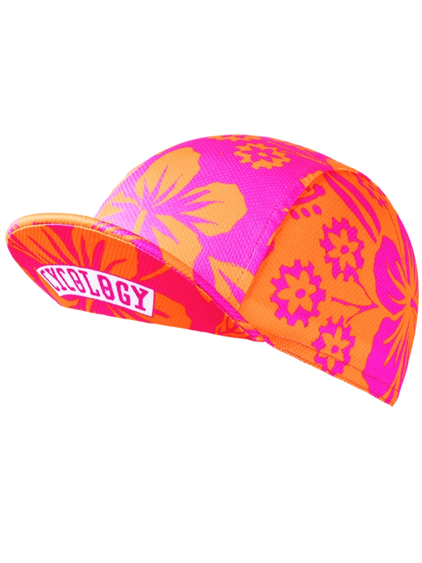 Neon pink and orange cycling cap with floral pattern 