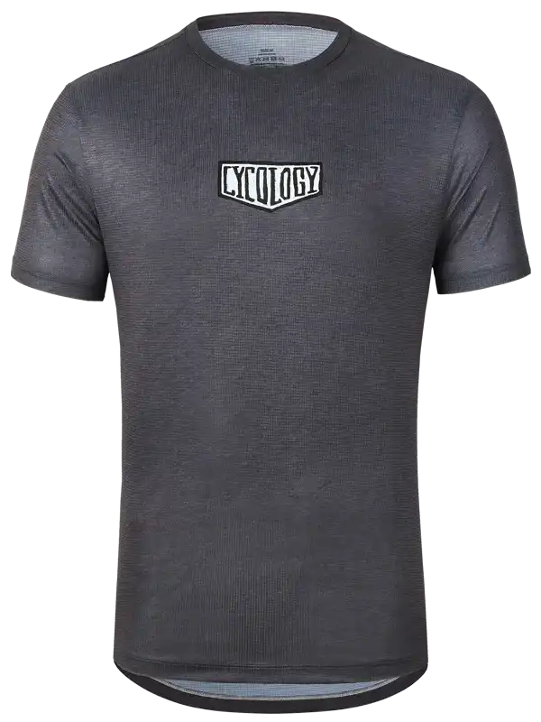 Men's dark gray cycling jersey with white logo, breathable fabric, short sleeves for bike rides