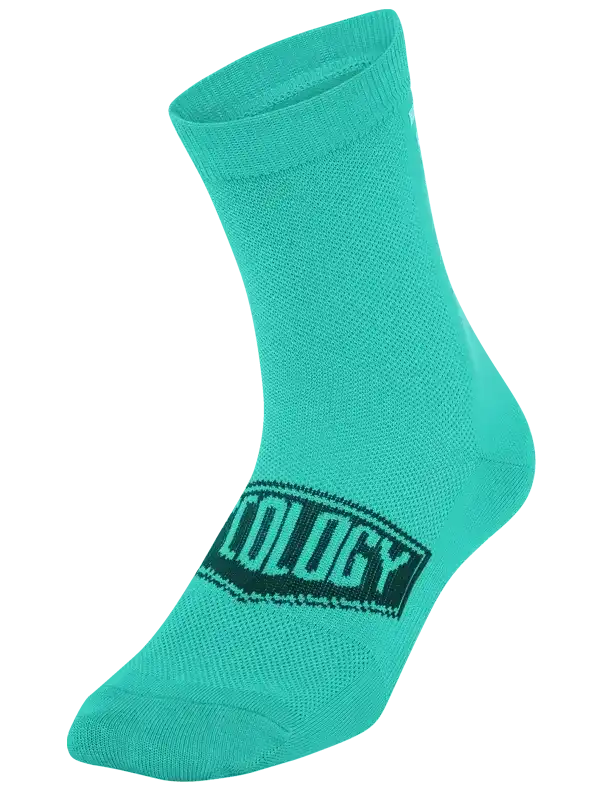 Teal cycling sock with 'OLOGY' logo, breathable mesh fabric for men's and women's bike rides