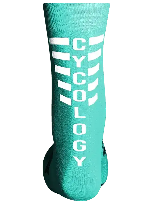 Teal cycling sock with white CYCOLOGY lettering and stripe design, performance athletic wear