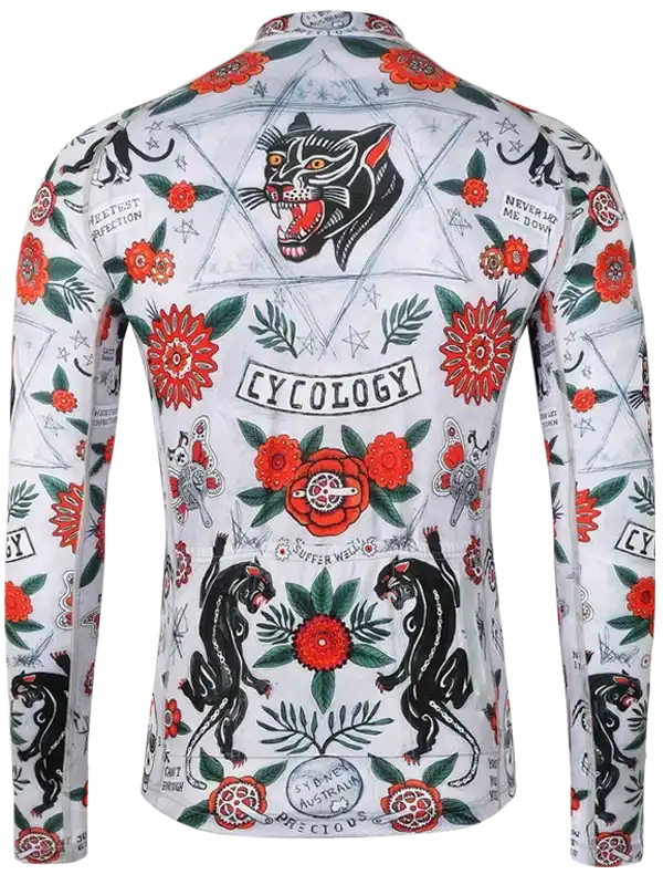 Men's cycling jersey with bold panther and floral print, featuring 'Cycology' branding and vibrant red accents.