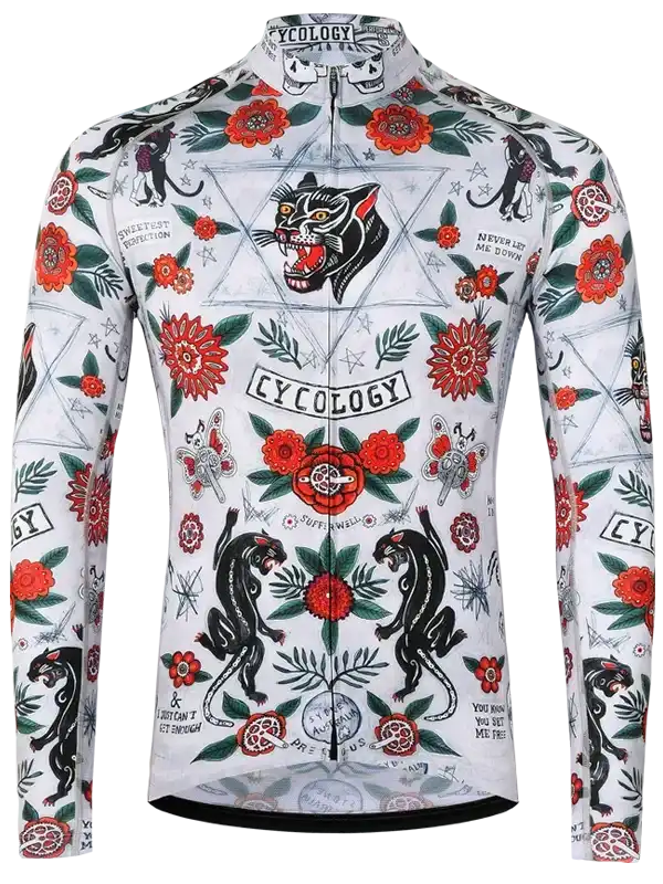 Men's long sleeve cycling jersey with bold panther and floral tattoo print, high-quality fabric