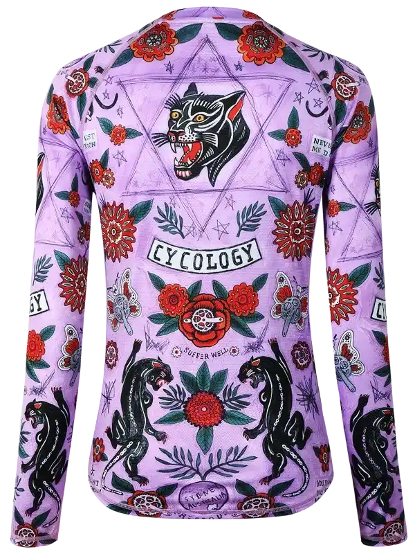 Purple cycling jersey with bold black panther and floral tattoo designs, ideal for men and women riders.