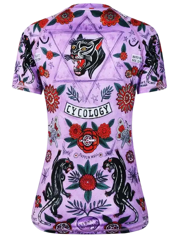 Women's purple cycling jersey with black panther, red floral, and tattoo-style graphics