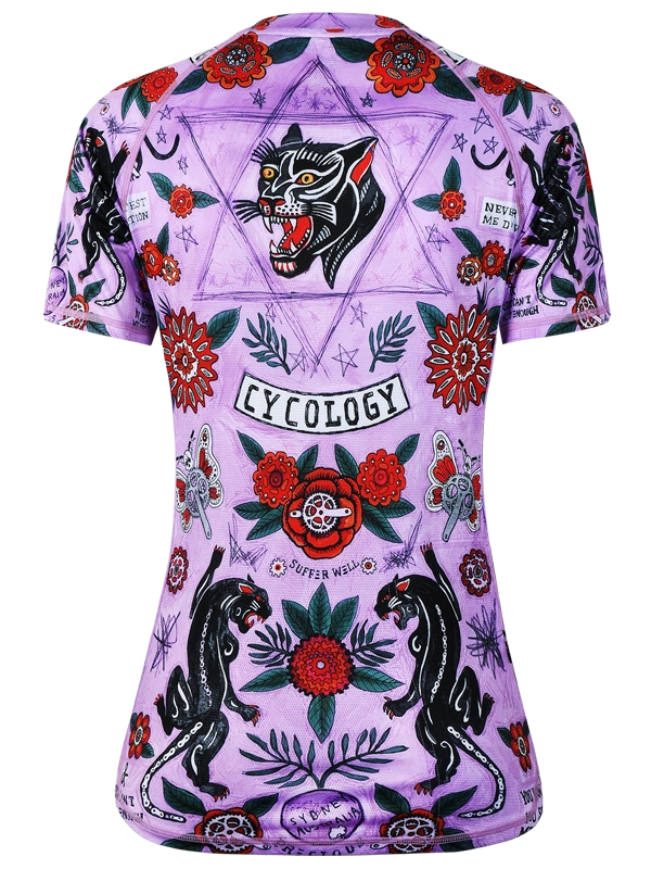 Women's short-sleeve MTB Jersey with colorful floral and panther design on a purple background