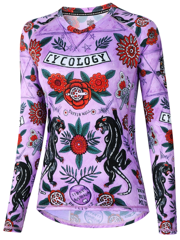 Women's Long-sleeve MTB Jersey with colorful floral and panther design on a purple background