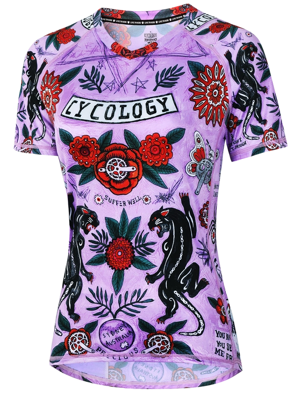 Women's short-sleeve MTB Jersey with colorful floral and panther design on a purple background