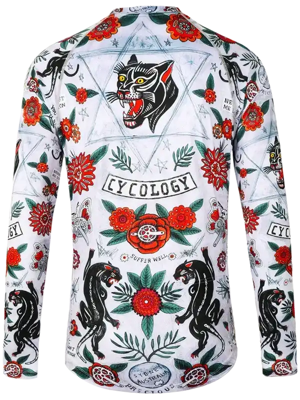 Men's cycling jersey with bold black panther and red floral tattoo-style design