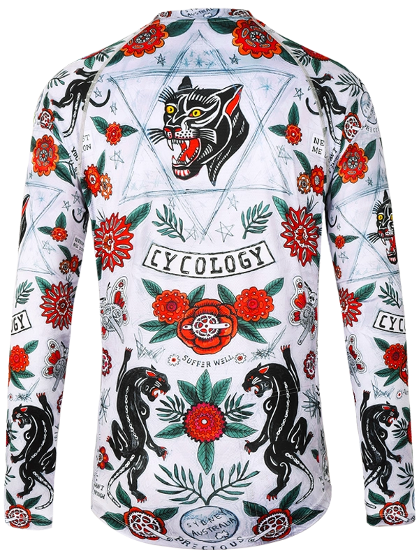 Long-sleeve MTB Jersey with floral and panther design on a light grey background, featuring the brand 'Cycology'.