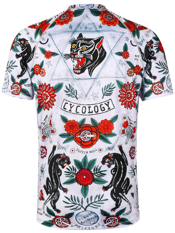 Short-sleeve MTB Jersey with floral and panther design on a light grey background, featuring the brand 'Cycology'.