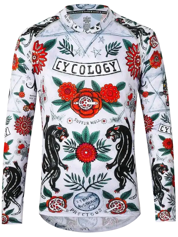 Men's long sleeve cycling jersey with bold floral and panther print, featuring 'Cycology' branding and vintage tattoo-style design.