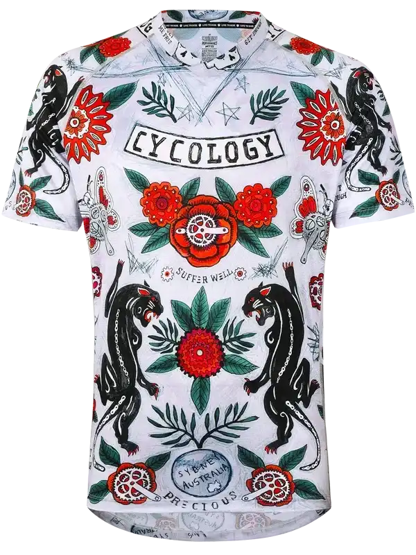Men's cycling jersey with bold floral and panther print, featuring 'Cycology' branding and unique design details.