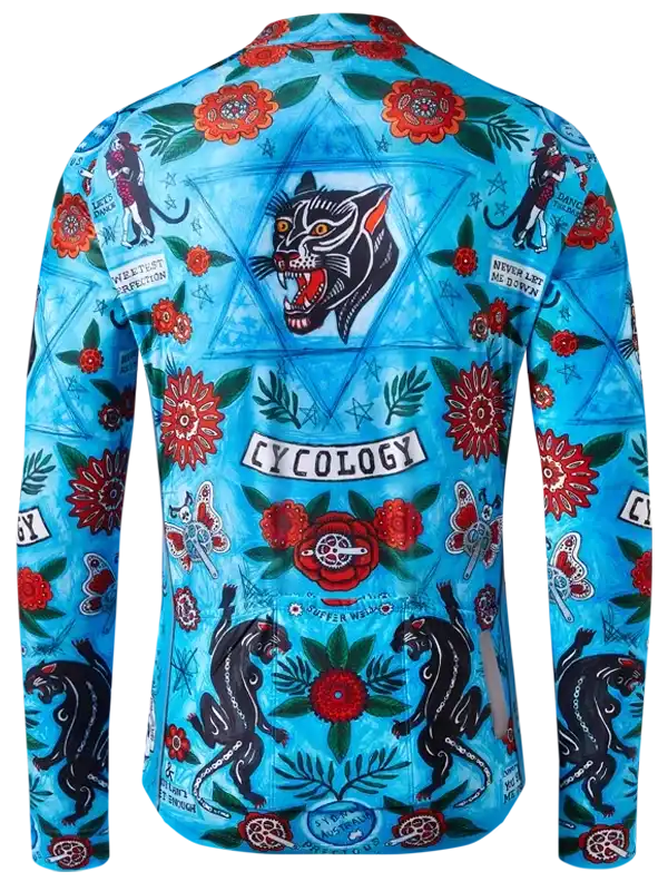 Blue long-sleeve cycling jersey with bold panther, floral, and tattoo-style graphics for men or women