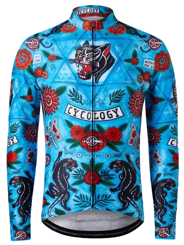 Blue long-sleeve cycling jersey with black panther and red floral tattoo-style print, full zip front