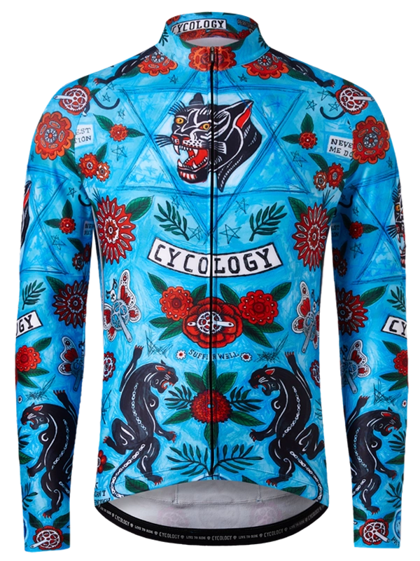 Blue men's Winter  long sleeve cycling jersey with floral and panther design 