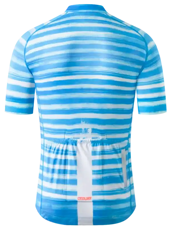 Blue and white striped men's cycling jersey with rear pockets, lightweight fabric for road biking