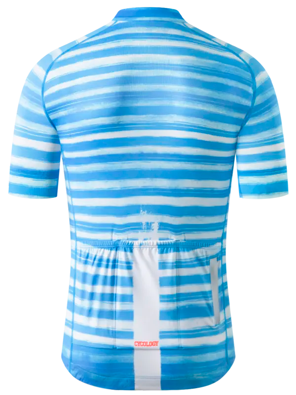 Blue and white striped cycling jersey with 'Cycology' branding 