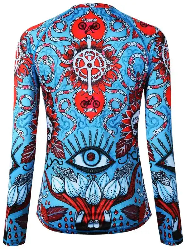 Men's long sleeve cycling jersey with bold blue and red octopus and bike gear print design