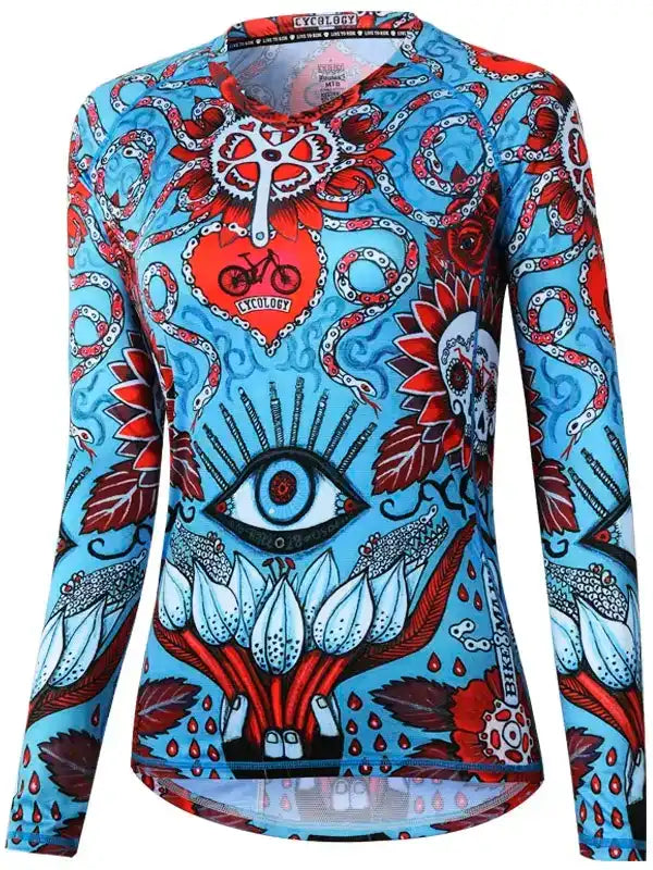 Women's long sleeve cycling jersey with vibrant blue, red, and white psychedelic print featuring eye, skull, and bike motifs