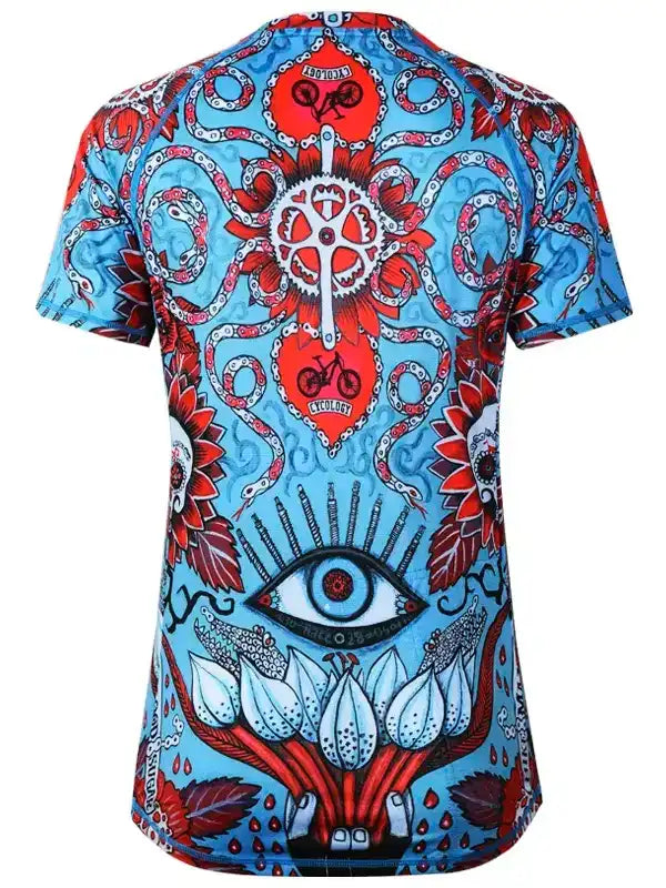Men's cycling jersey with bold blue, red, and white graphic print featuring bike gears, octopus tentacles, and an eye design.