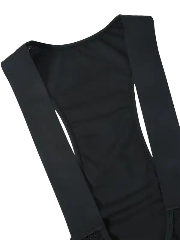 Black cycling bib shorts with wide shoulder straps and breathable mesh back panel