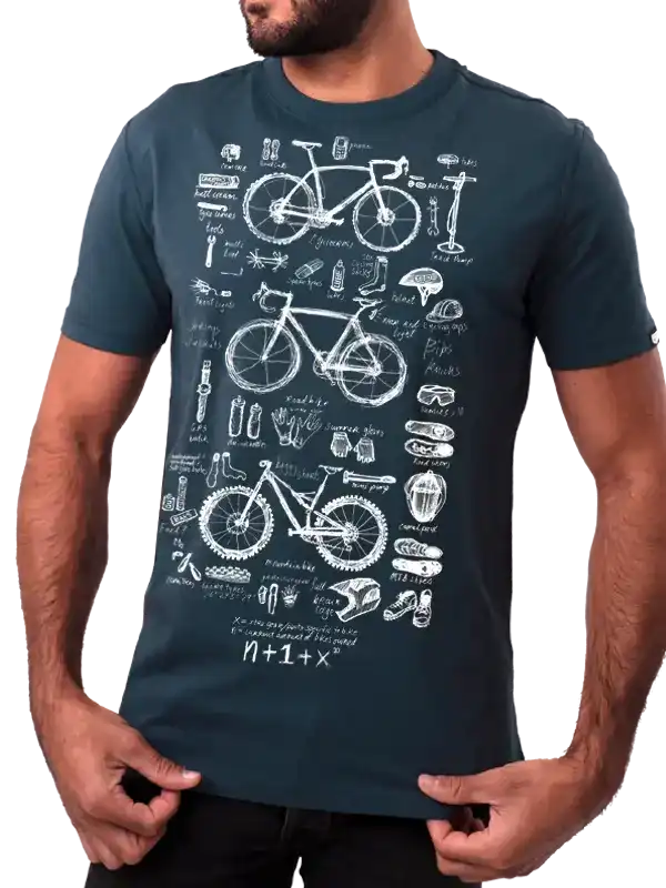 Men's cycling t-shirt with bike diagram print, featuring road, gravel, and MTB gear illustrations for cyclists.