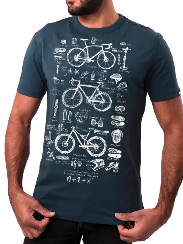 Person wearing a blue t-shirt with white bicycle graphics and text.