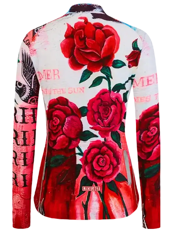 Women's cycling jersey with bold red rose print and artistic typography, designed for performance and style.